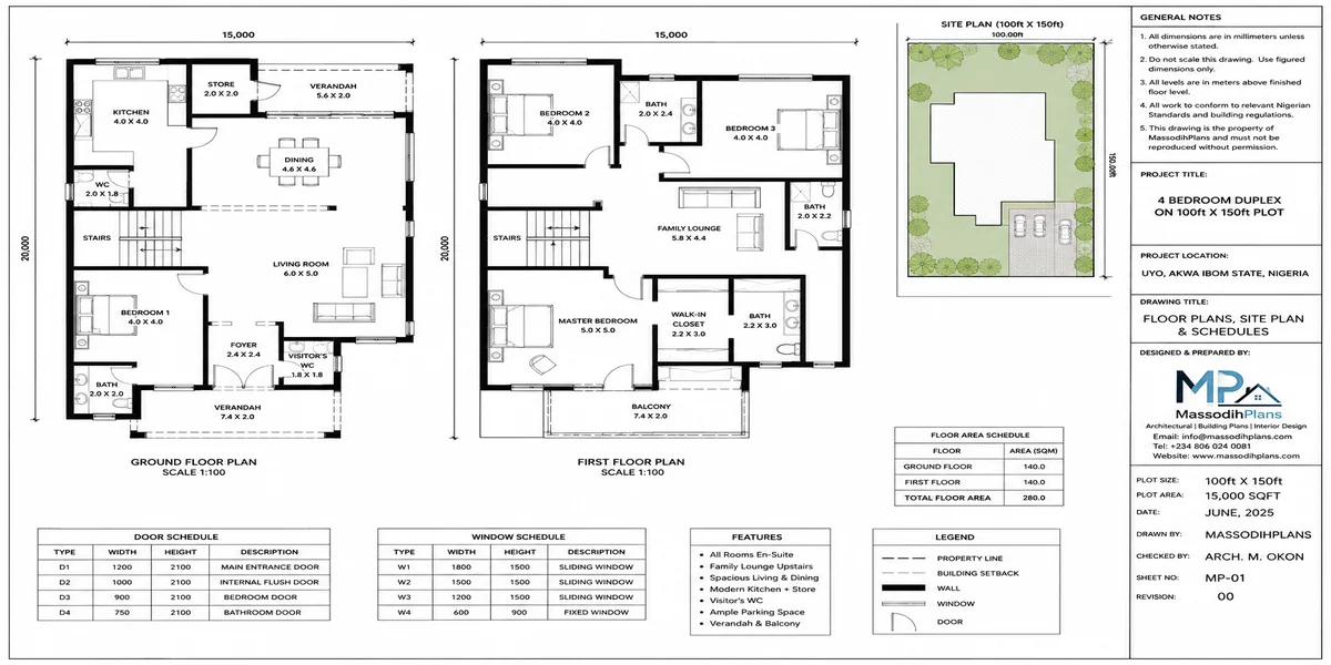 4 Bedroom Duplex Plan for 100x150 Plot in Nigeria