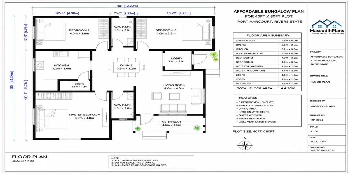 Affordable Bungalow Plan for 40x80 Plot in Port Harcourt