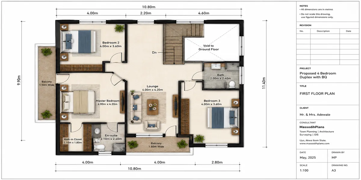 First floor bedroom layout for a Lagos duplex on a 50x100 plot