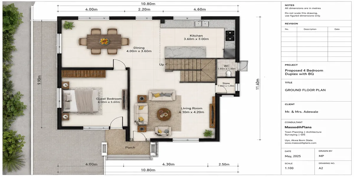 Ground floor layout for a 4-bedroom duplex on a 50x100 plot in Lagos.