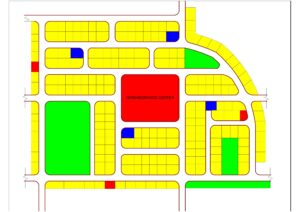 Small residential estate layout design in Nigeria showing organized road network, terrace duplexes, drainage channels, and security gatehouse