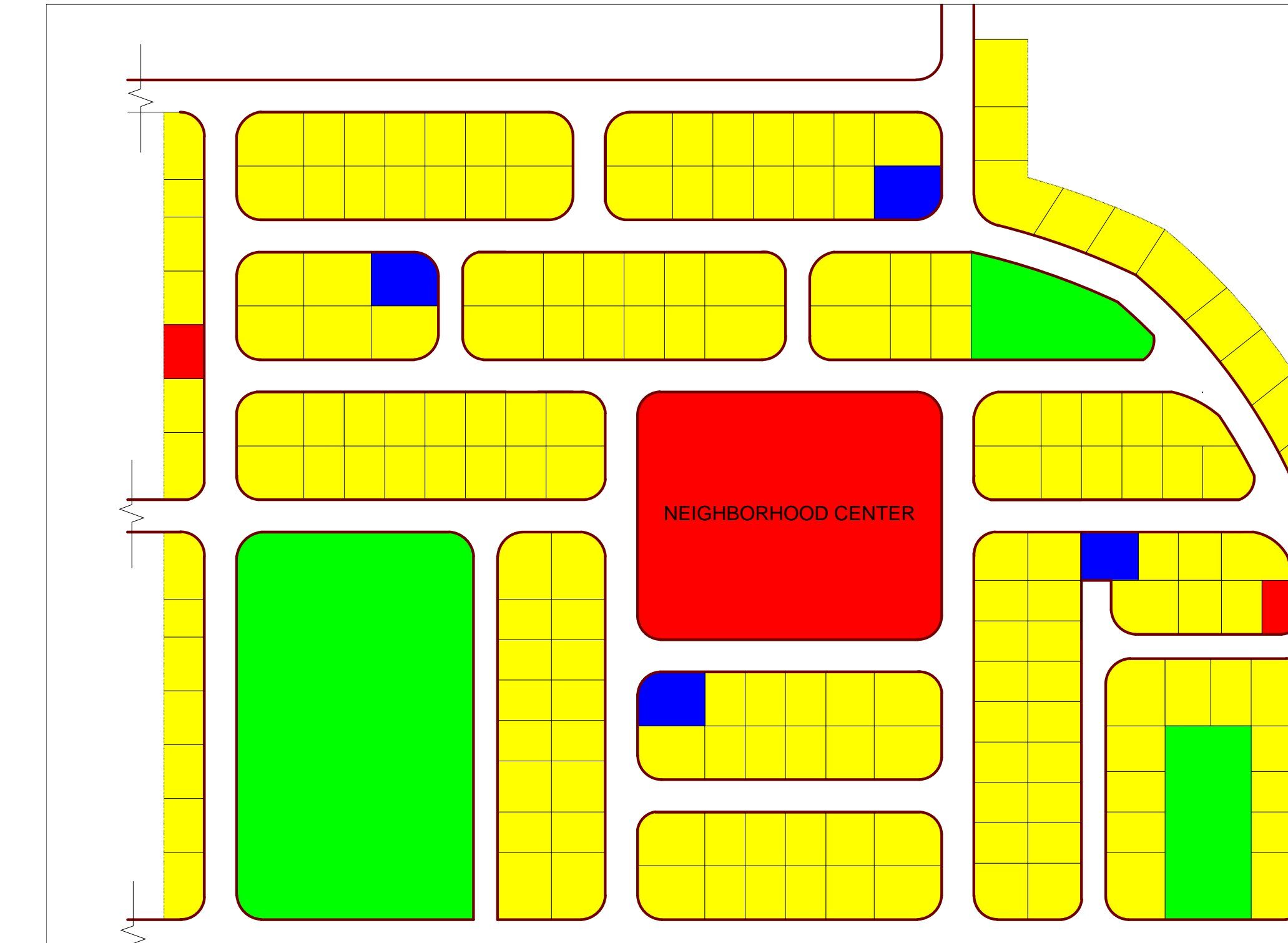 Small residential estate layout design in Nigeria showing organized road network, terrace duplexes, drainage channels, and security gatehouse