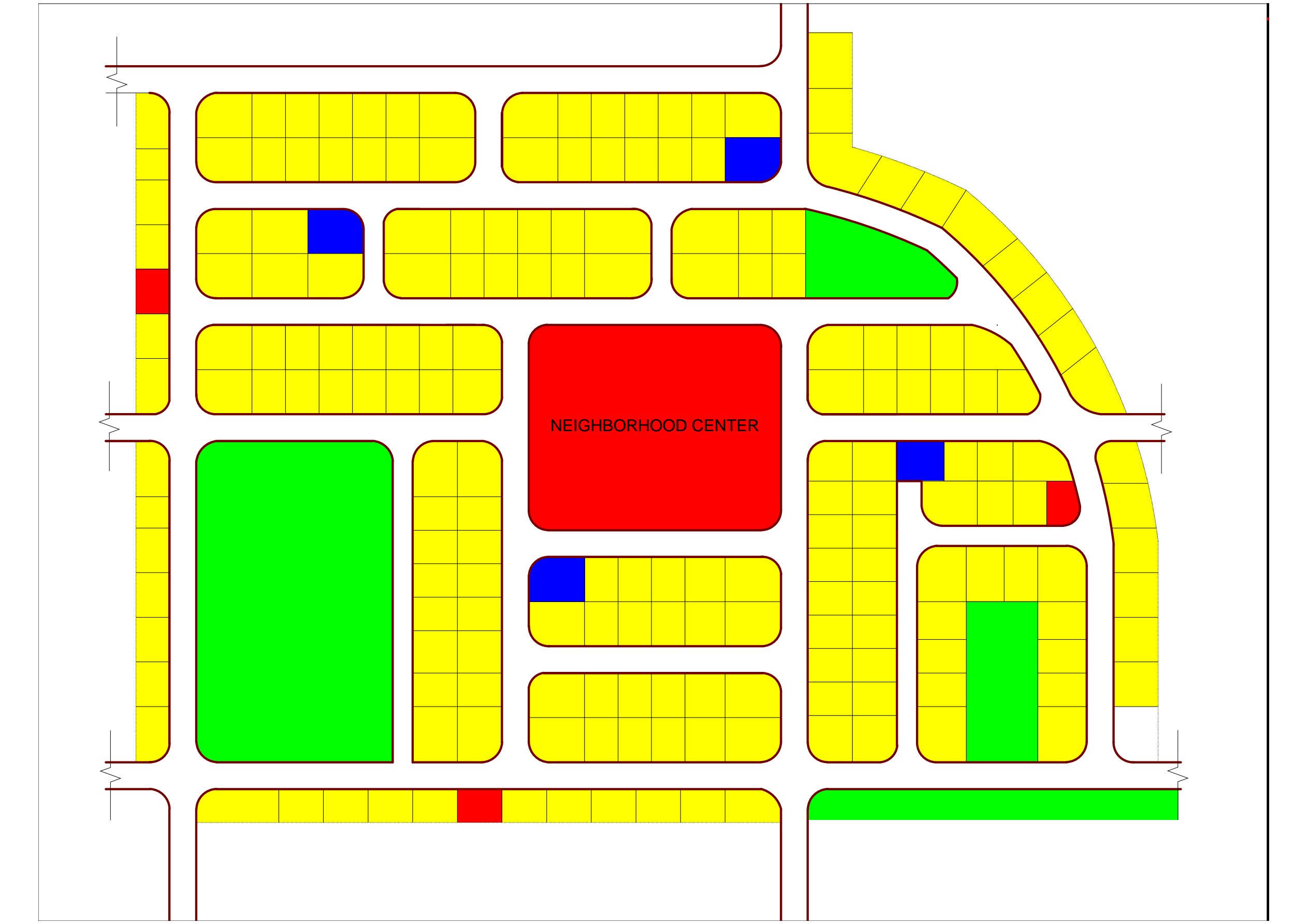 Small residential estate layout design in Nigeria showing organized road network, terrace duplexes, drainage channels, and security gatehouse