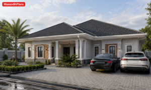 Affordable modern bungalow design for 40x80 plot in Port Harcourt Nigeria with hip roof and drainage channels