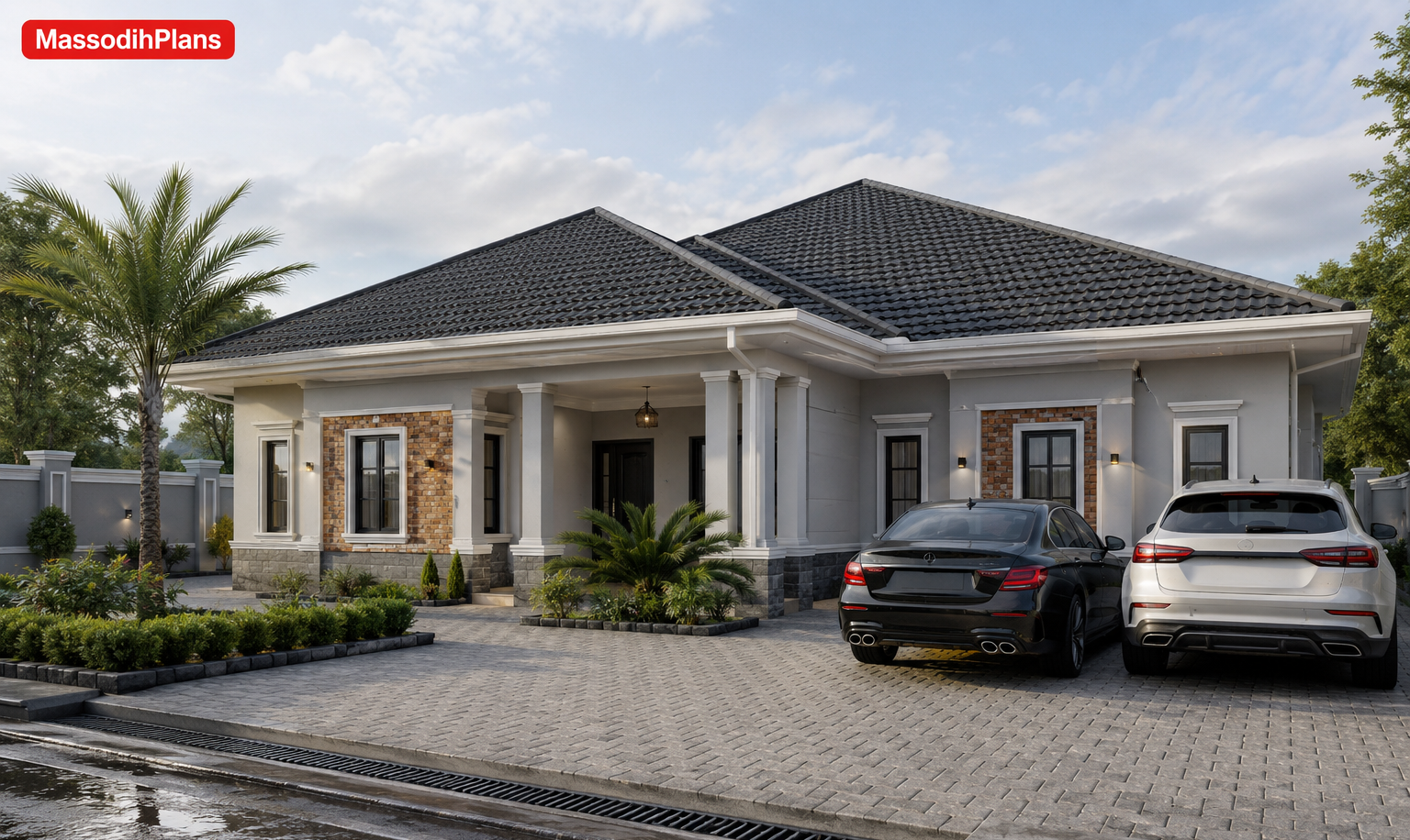 Affordable modern bungalow design for 40x80 plot in Port Harcourt Nigeria with hip roof and drainage channels