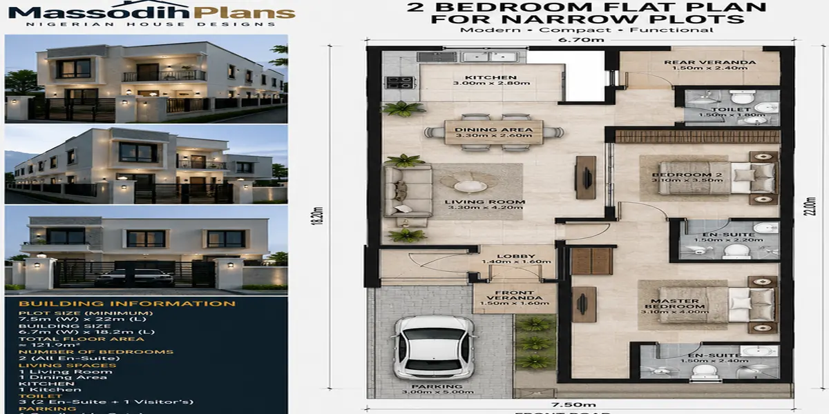 2 bedroom-flat-plan for narrow plot