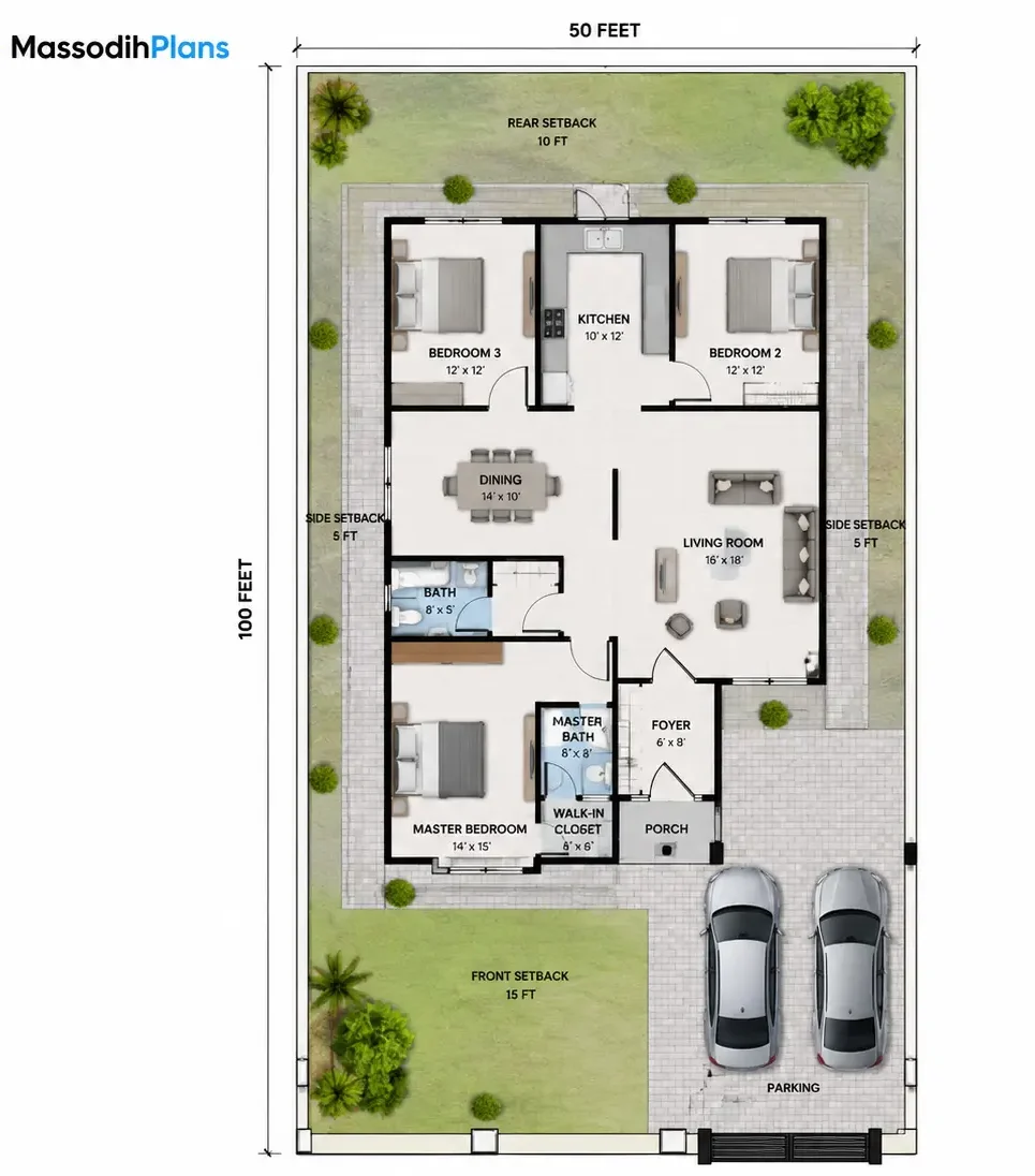 Modern 3 bedroom bungalow plan layout for small Nigerian plot showing room arrangement