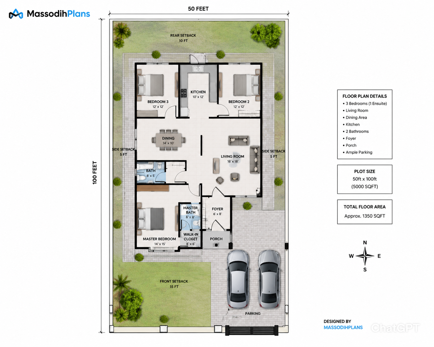 Modern 3 bedroom bungalow plan layout for small Nigerian plot showing room arrangement