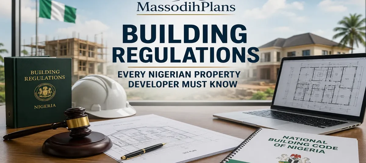 Nigerian property developer reviewing building regulations and approved architectural drawings on site