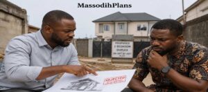Architect reviewing a rejected building plan with a homeowner on a small urban plot in Nigeria