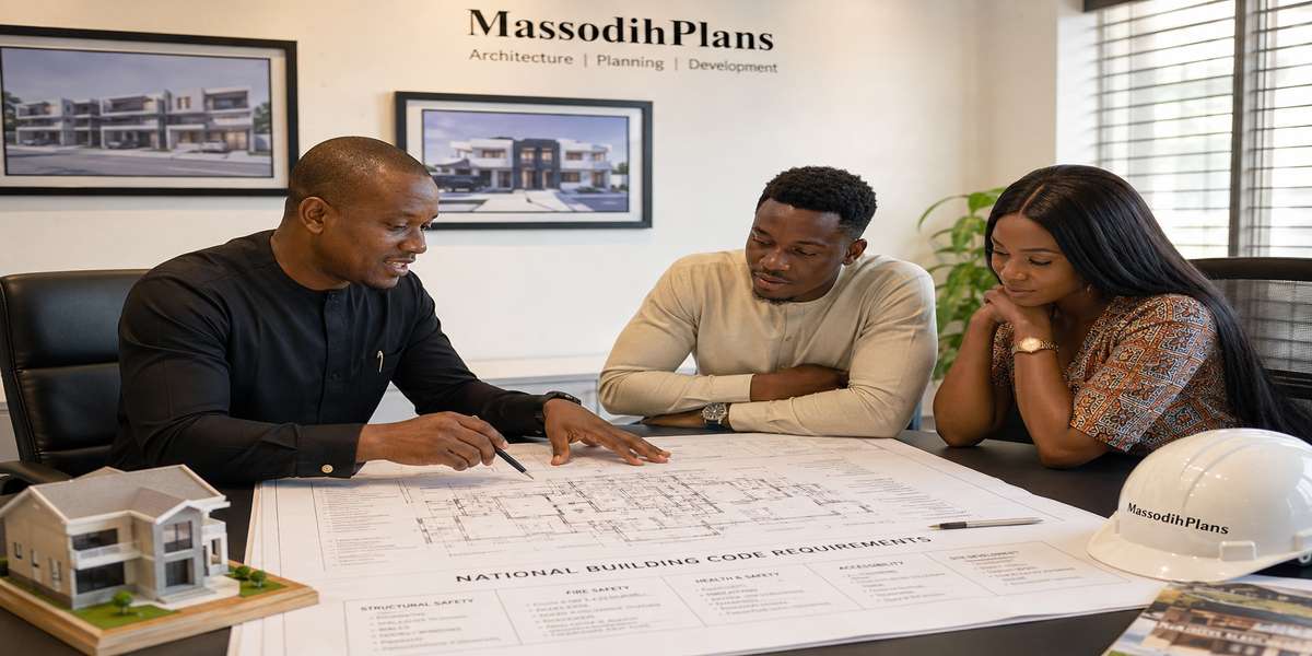 Architect explaining the National Building Code requirements to a young Nigerian couple reviewing house plans