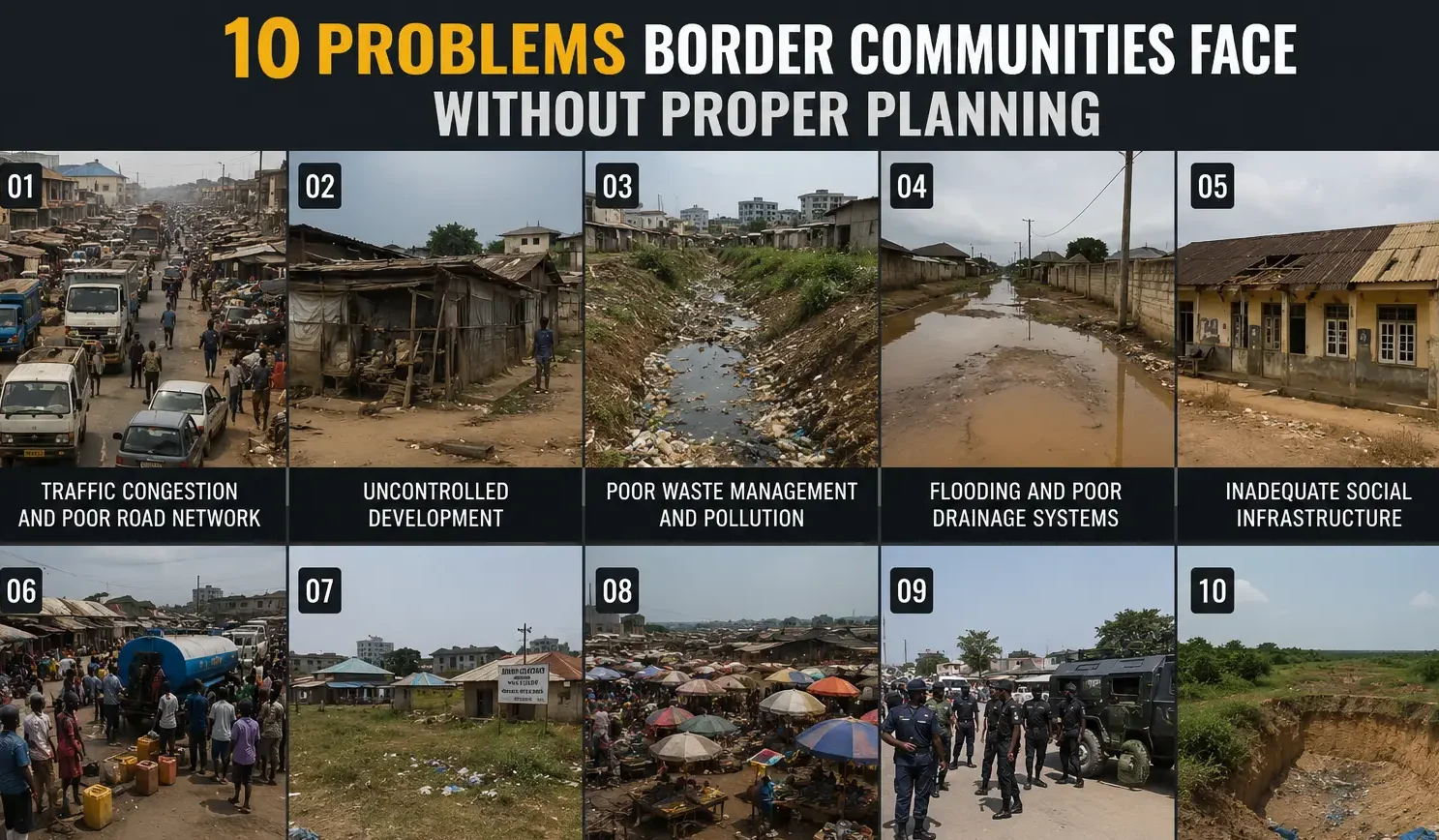 Unplanned community in Nigeria showing narrow roads and haphazard building development