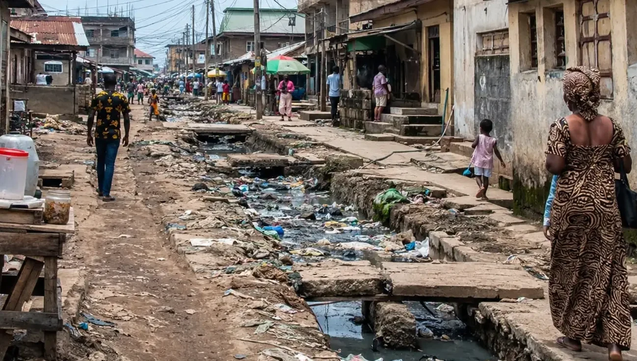 Unplanned Nigerian urban settlement showing haphazard development and blocked drainage channels