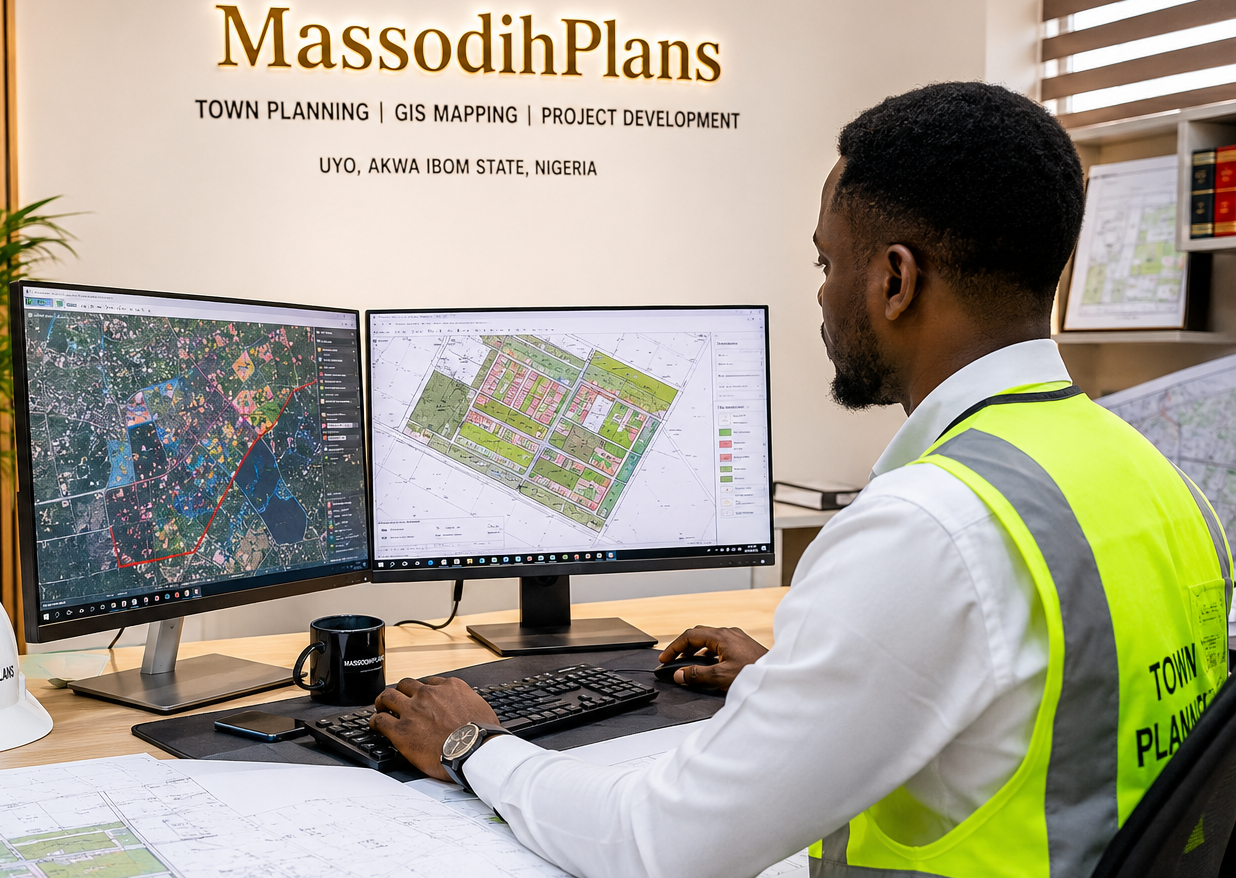 Commercial development master plan layout in Nigeria showing zoning and road network