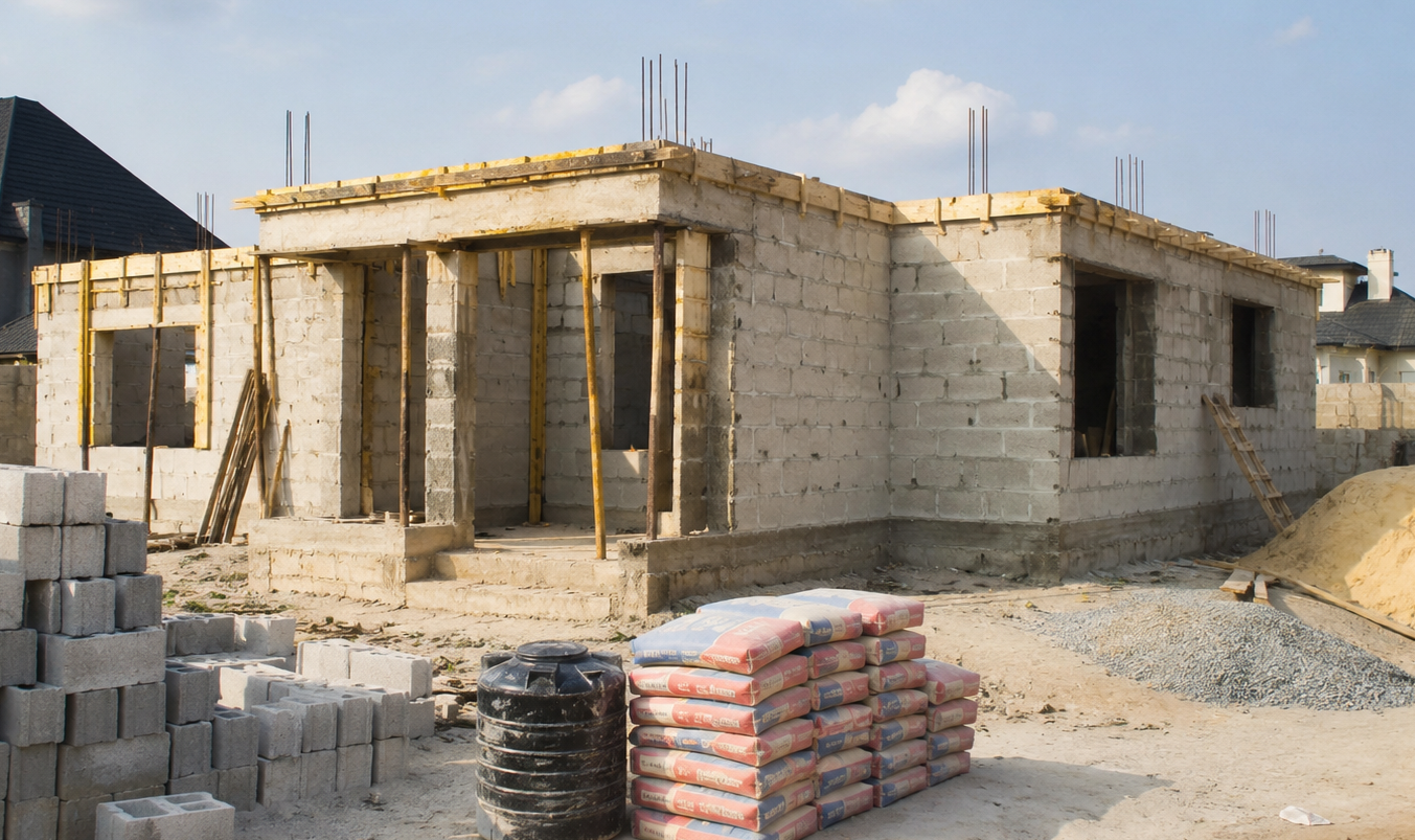 Modern Nigerian bungalow under construction with neatly laid sandcrete blocks and organised site materials on a clean compound