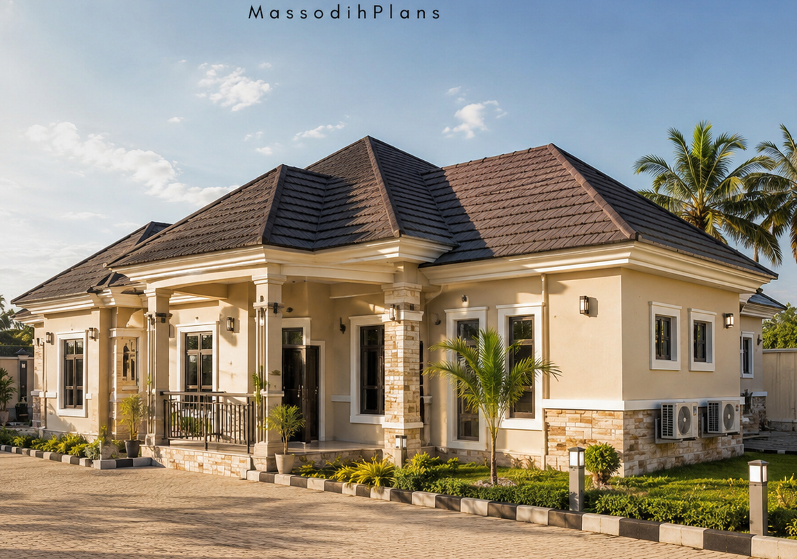 Modern three-bedroom bungalow in Uyo, Akwa Ibom State, Nigeria, showing completed exterior finish and perimeter fence