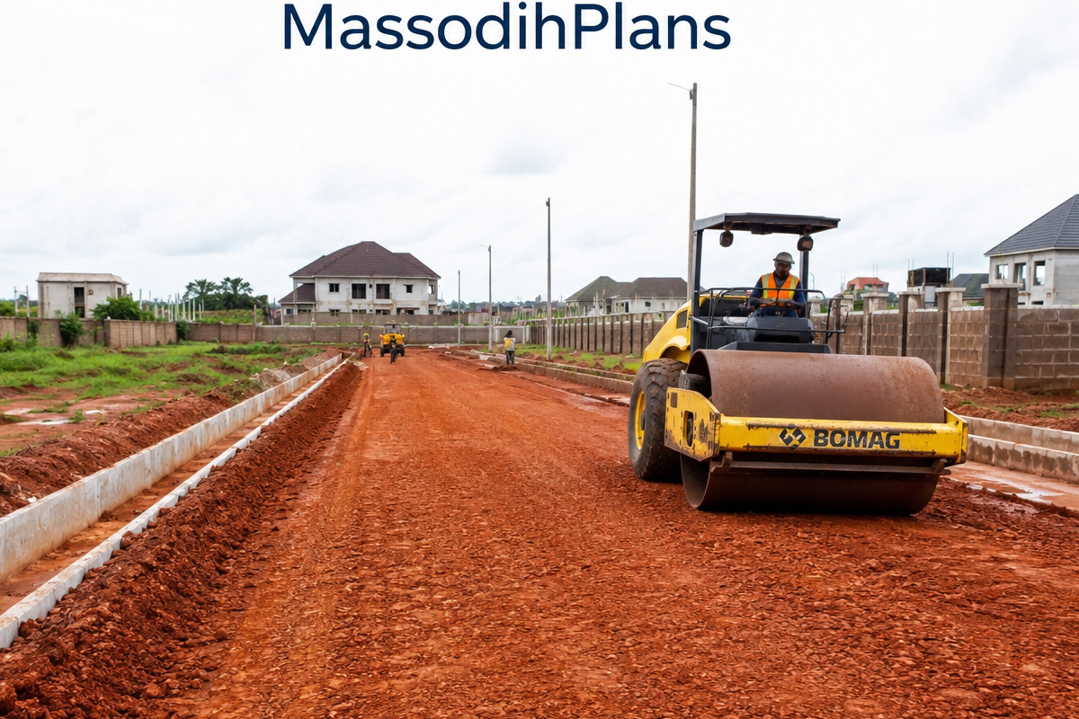 Nigerian estate road construction showing laterite base preparation and drainage channels