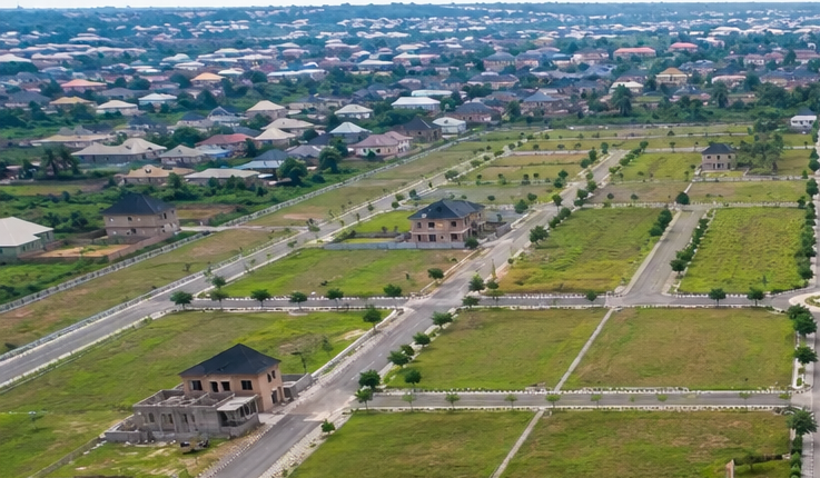 Aerial view of a planned residential estate layout in Nigeria showing road network drainage and plots