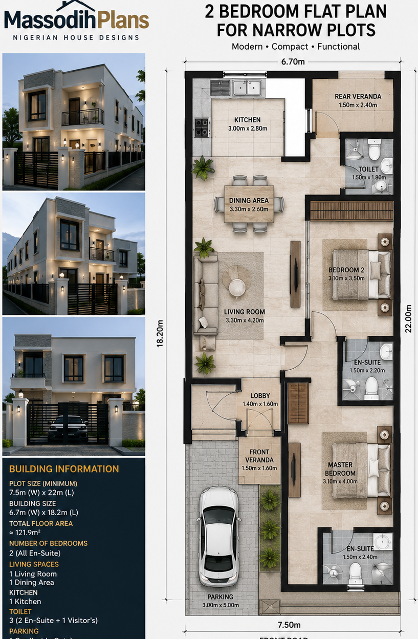2 Bedroom Flat Plan for Narrow Plots in Nigeria: Complete Layout, Dimensions, and Building Guide