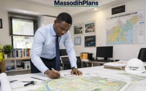 Registered town planner reviewing estate layout plan drawing in Nigerian planning office with large-format drawings on table