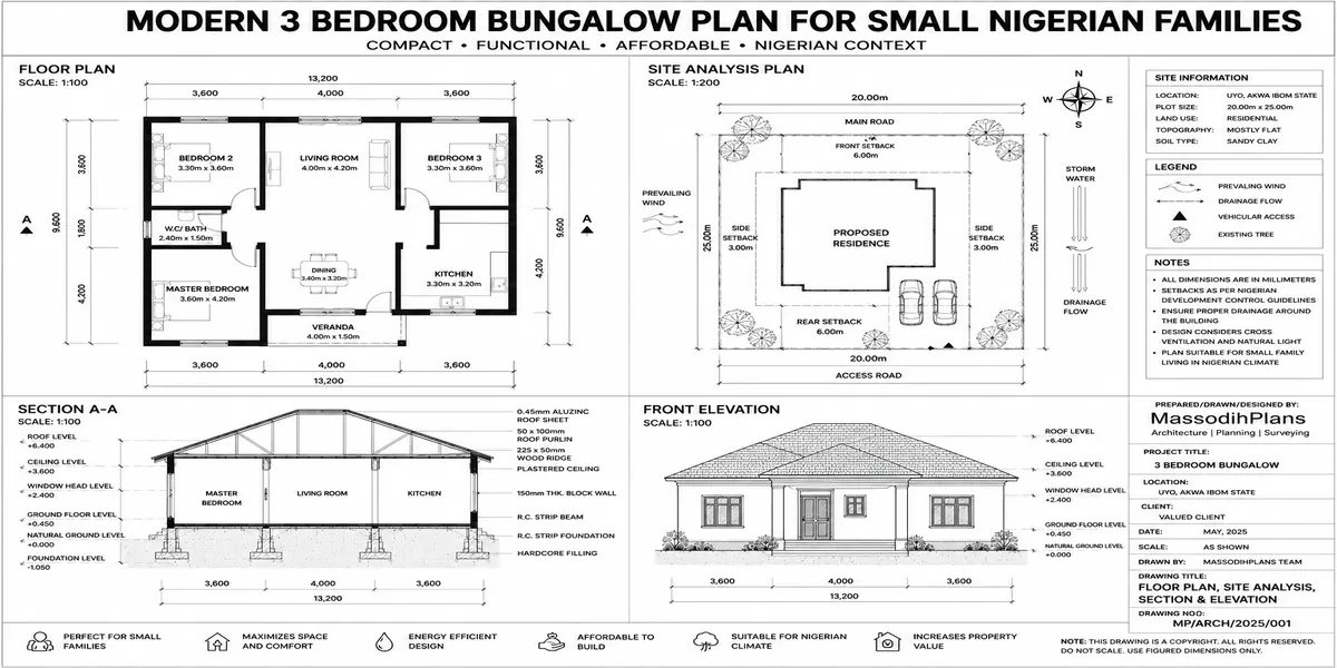 Modern 3 bedroom bungalow plan layout for small Nigerian plot showing room arrangement