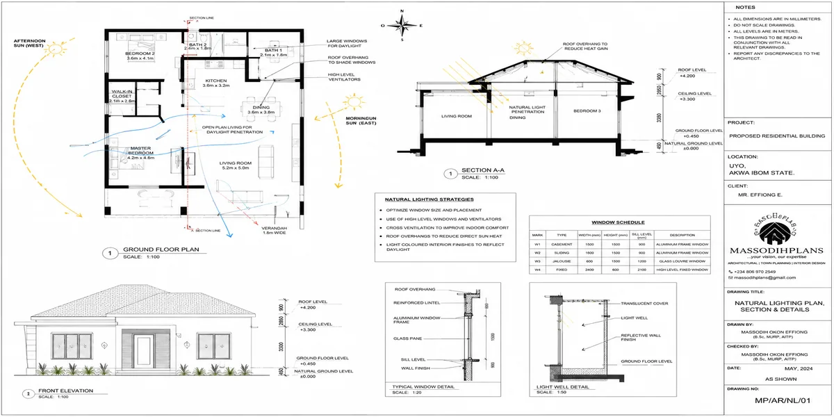 2 Bedroom Flat Plan for Narrow Plots in Nigeria: natural lighting autocad plan