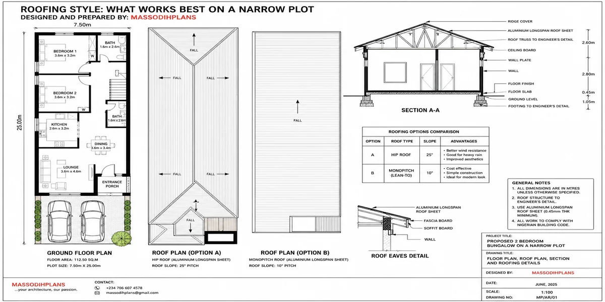 2 Bedroom Flat Plan for Narrow Plots in Nigeria: roofing style narrow plot