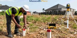 Licensed surveyor placing beacons on a Nigerian residential plot during boundary verification
