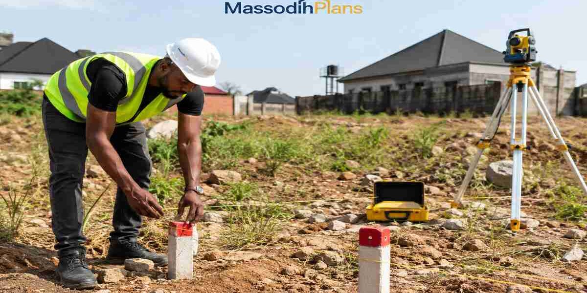 Licensed surveyor placing beacons on a Nigerian residential plot during boundary verification