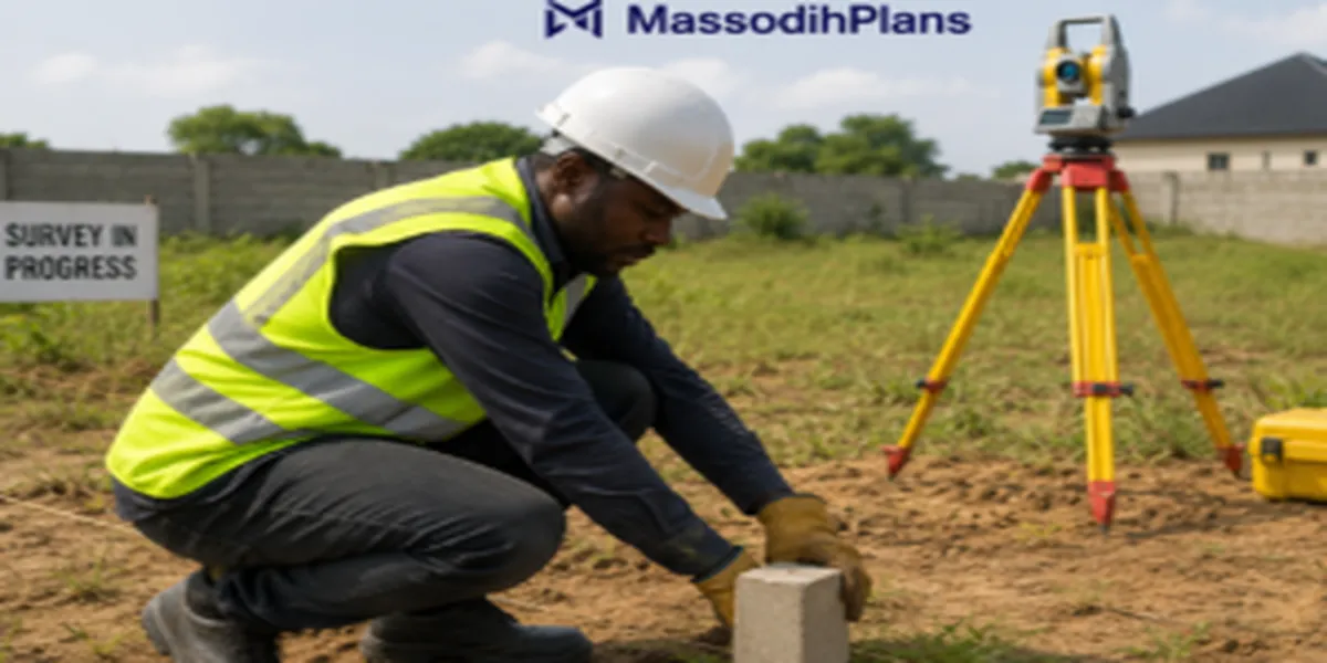 Licensed Nigerian surveyor placing a concrete beacon at a plot boundary corner during a land survey