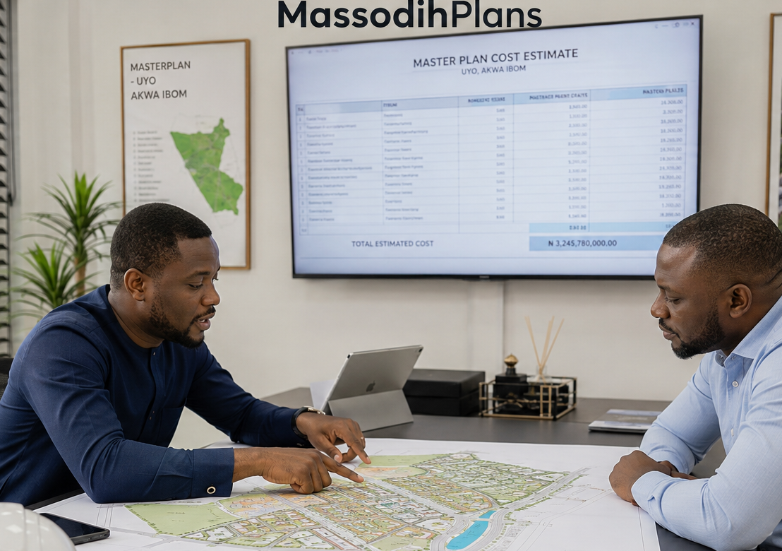 Nigerian town planner discussing master plan cost estimate with a community developer in a professional office in Uyo Akwa Ibom