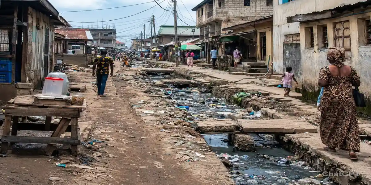 Unplanned Nigerian urban settlement showing haphazard development and blocked drainage channels