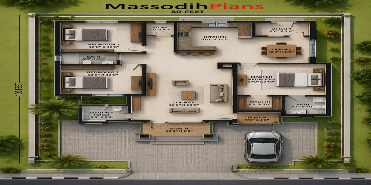 3 bedroom bungalow floor plan on 50ft by 100ft plot in Nigeria
