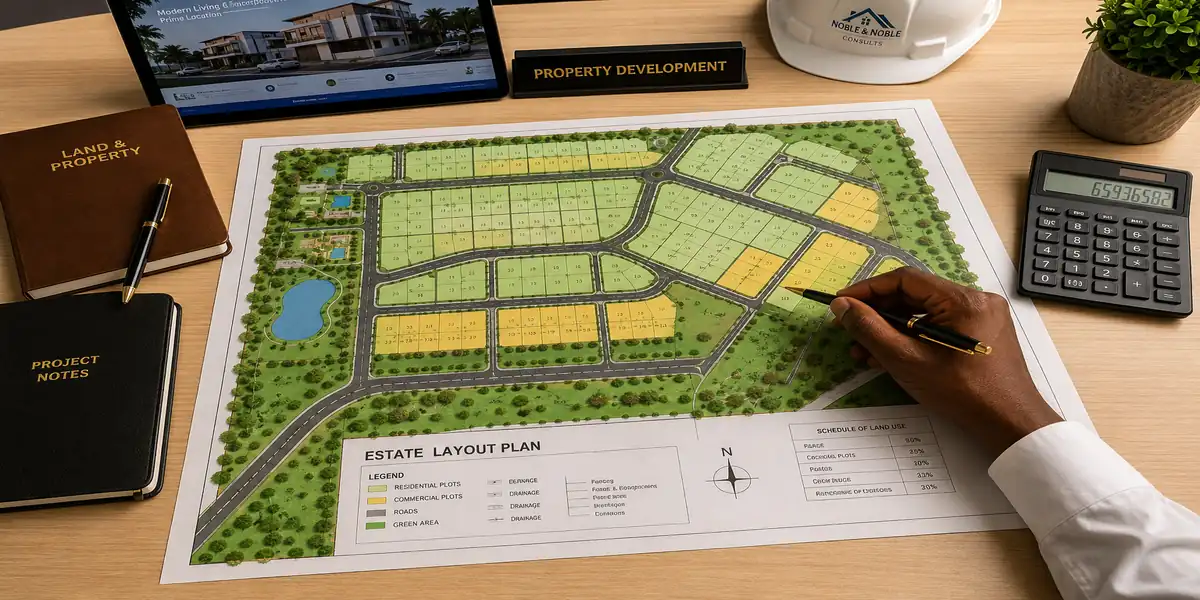 Residential layout plan showing plot subdivision and road network.
