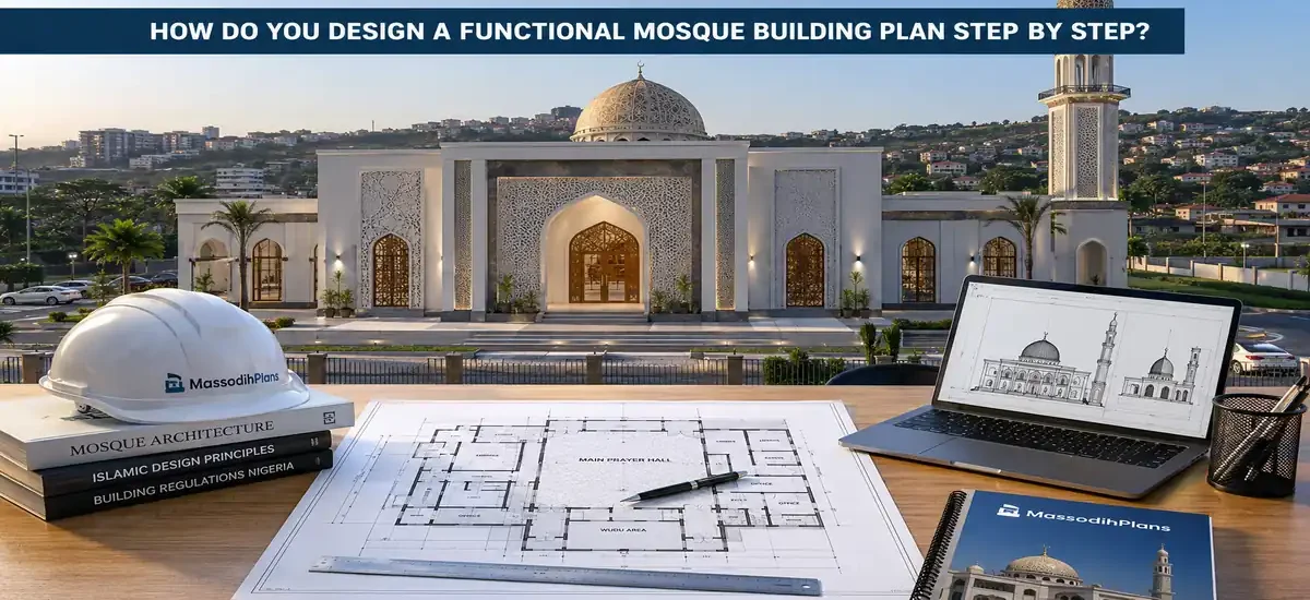 A professionally designed modern mosque building plan showing efficient space planning, proper Qibla orientation, natural ventilation, accessibility, parking and room arrangement for sustainable community worship.