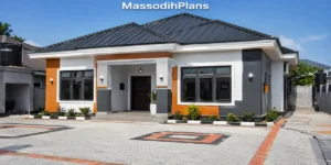 Completed affordable modern bungalow exterior with simple hip roof, large windows and bold paint blocking