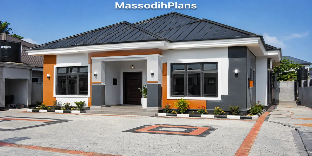 Completed affordable modern bungalow exterior with simple hip roof, large windows and bold paint blocking