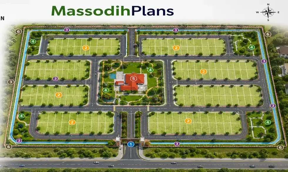 Step-by-step estate layout plan showing roads, residential plots, drainage and green spaces in a modern Nigerian housing estate