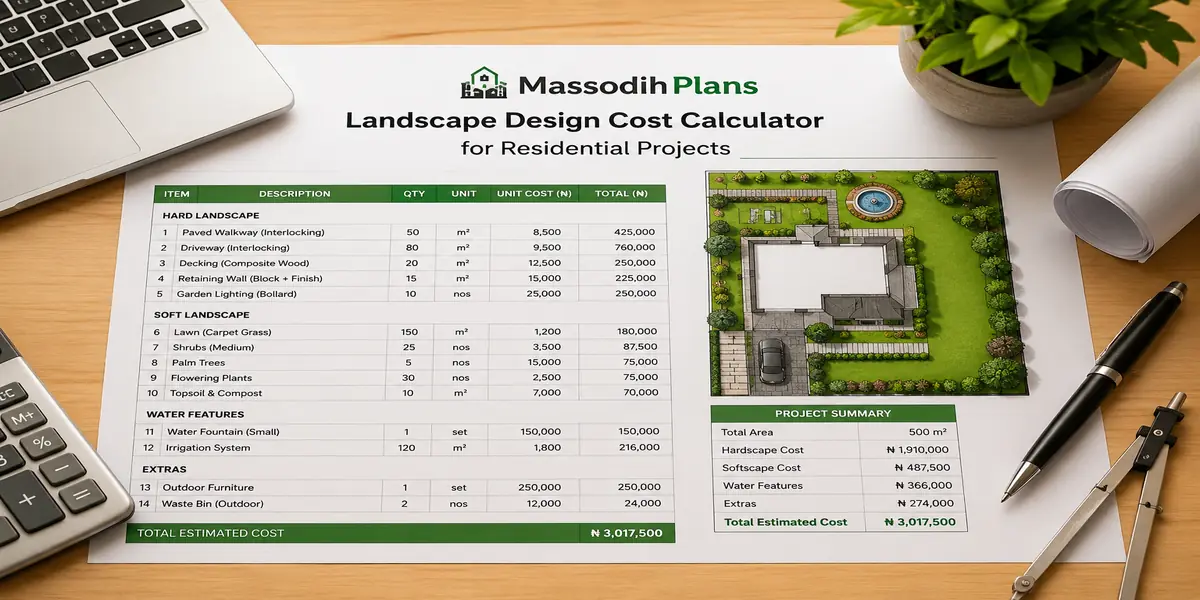 Modern Nigerian residence with professionally designed front yard landscape and interlocking driveway.
