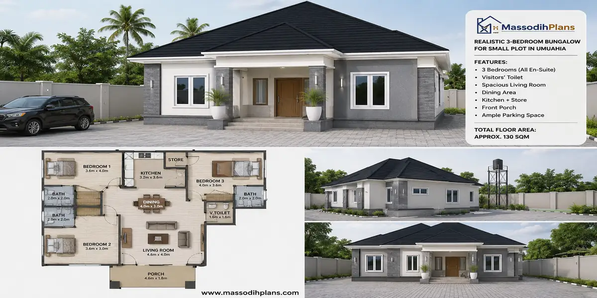Realistic 3 bedroom bungalow plan for a small plot in Umuahia, Nigeria