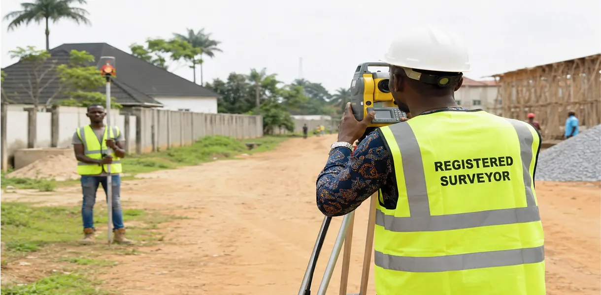 Registered surveyor taking land measurements in Nigeria