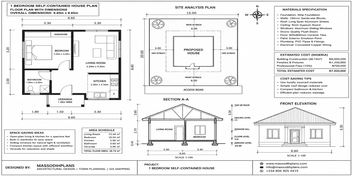 1 Bedroom House Plan: Affordable Self-Contained Floor Plans With Dimensions, Materials, Cost and Space-Saving Ideas