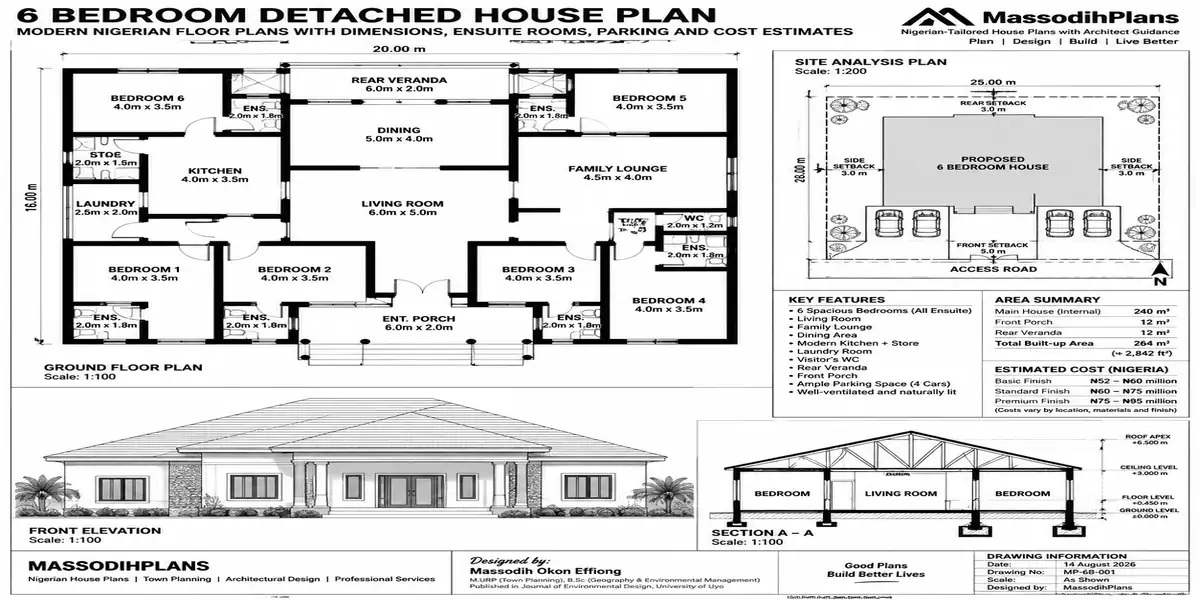 6 Bedroom House Plans: Modern Nigerian Floor Plans With Dimensions, Ensuite Rooms, Parking and Cost Estimates