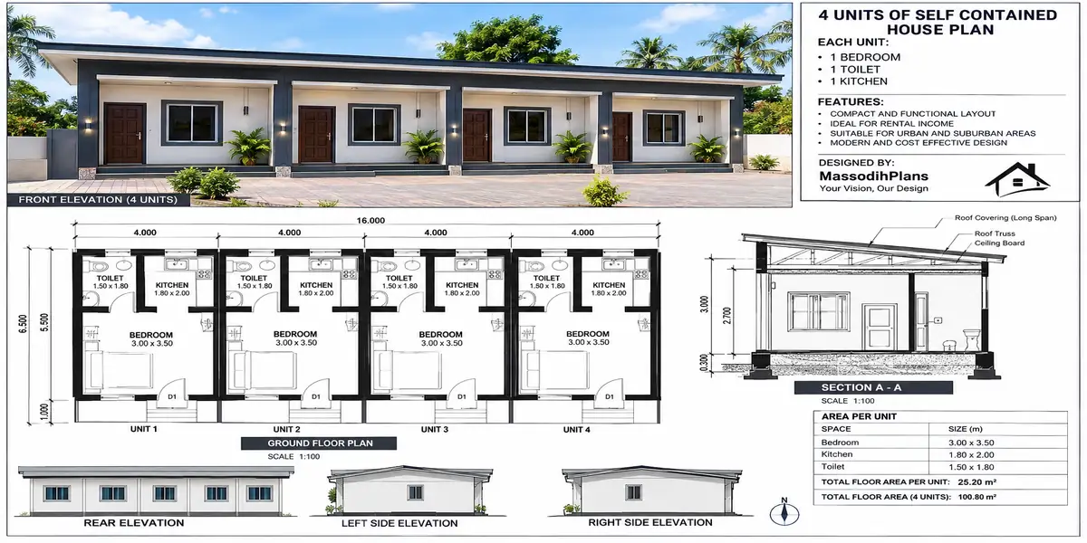4 units of self-contained House Floor Plans With Measurements